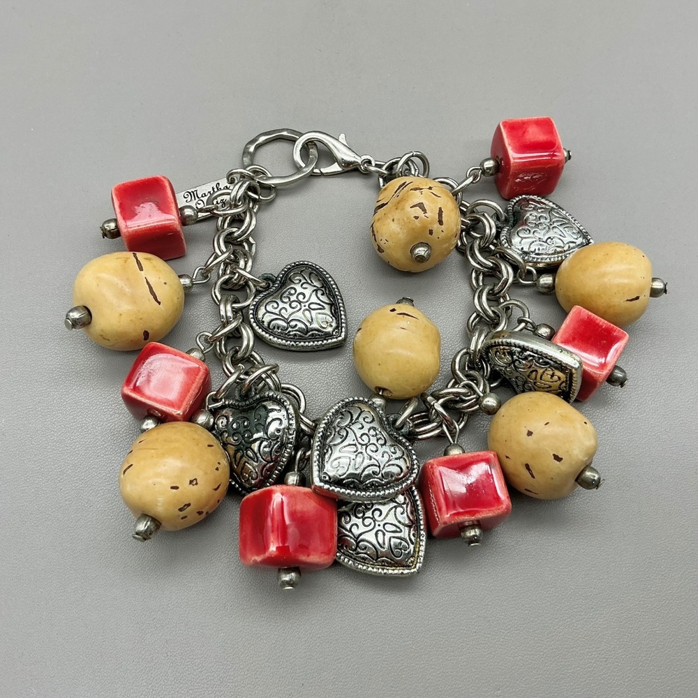 Martha Ortiz Bracelet Red Coral Color Tan Bead Silver Tone Heart Charm Boho 8"